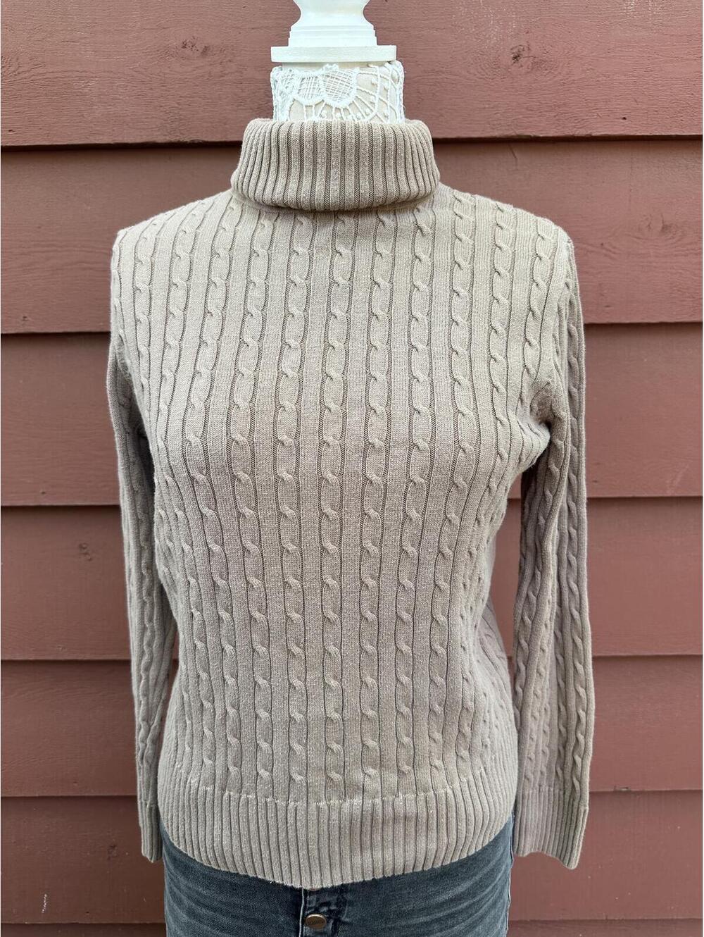 Jeanne Pierre Classic Cable Knit Turtleneck Sweater Beige